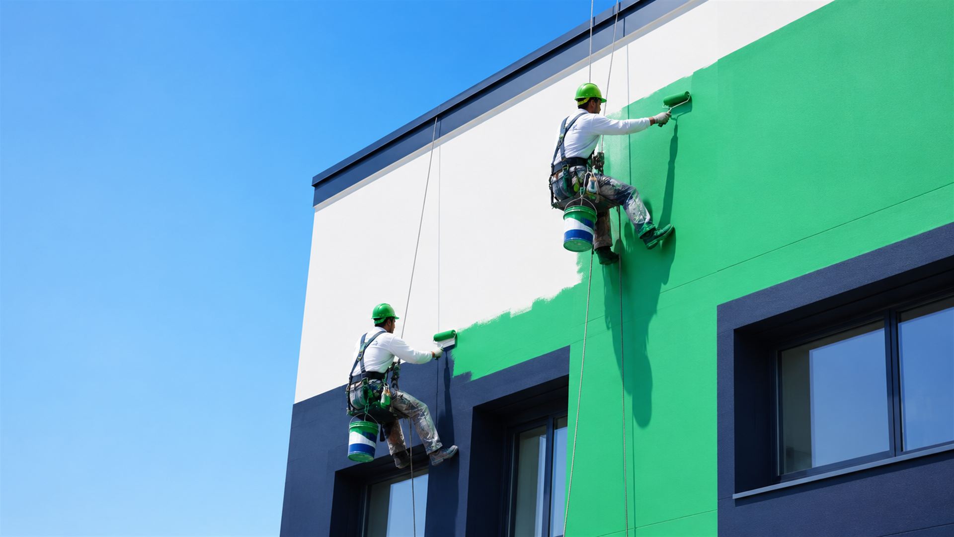 Técnicos de Alanya Pinturas pintando la fachada de un edificio, sujetos con arnés de seguridad